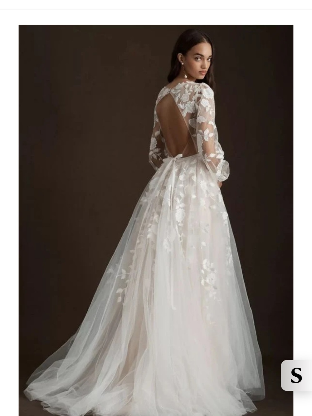 Watters White Floral Lace Long-Sleeve Open-Back Wedding Gown